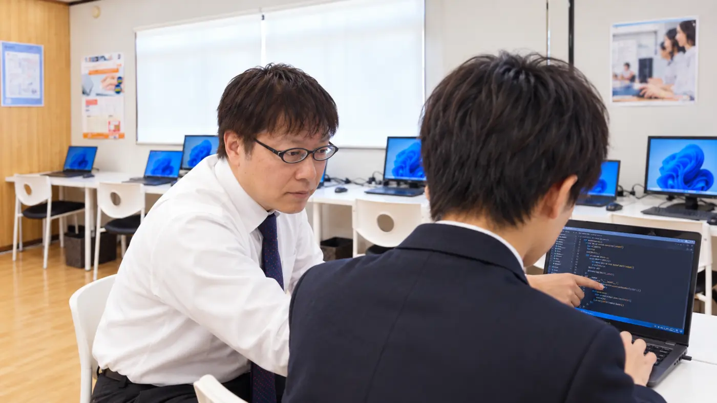 男性講師が女性受講生にExcelを個別指導する様子