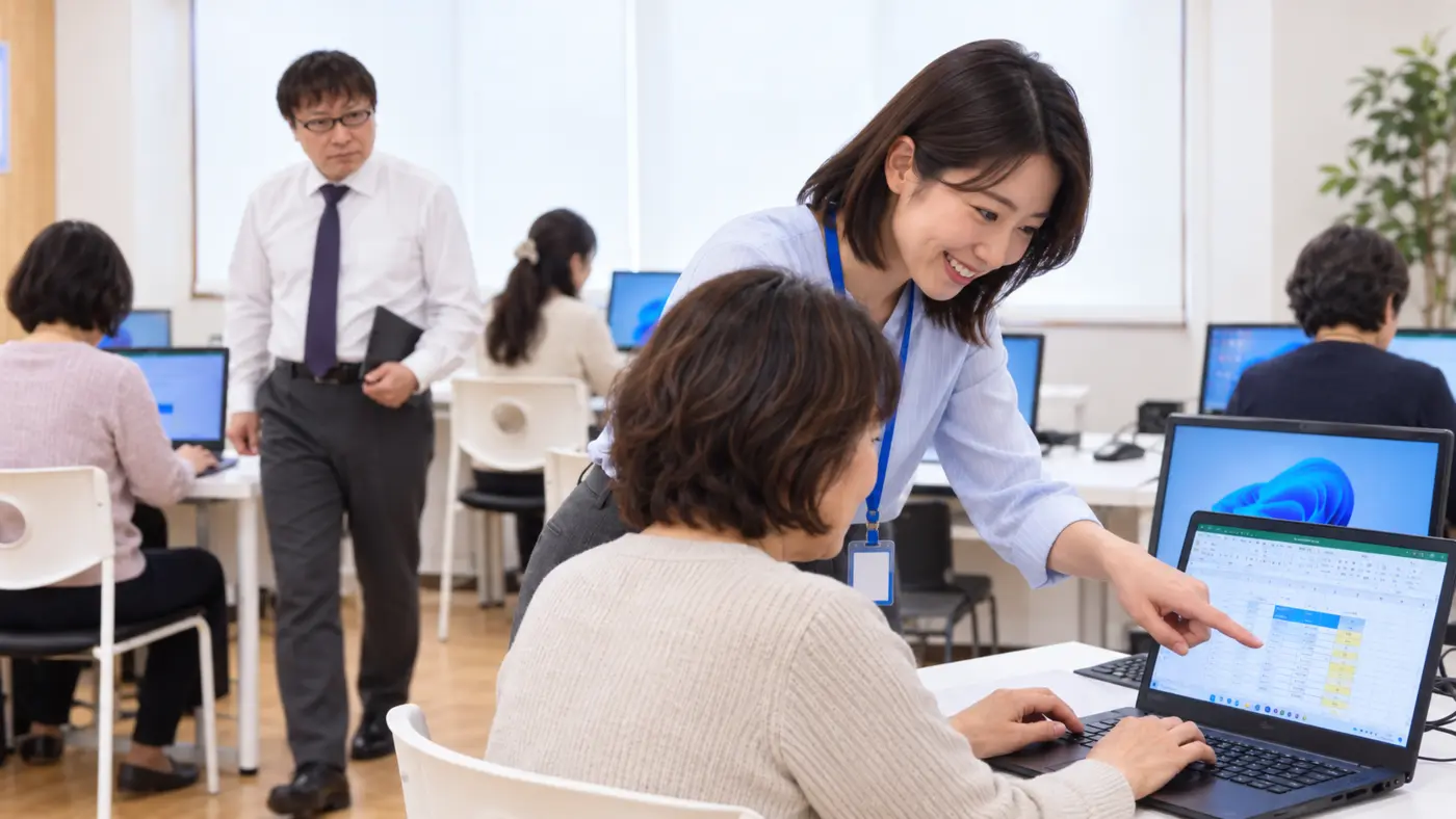 男女の講師がそれぞれ受講生にExcelを指導する教室風景